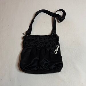 Elegant Black Satin Shoulder Bag With E Charm